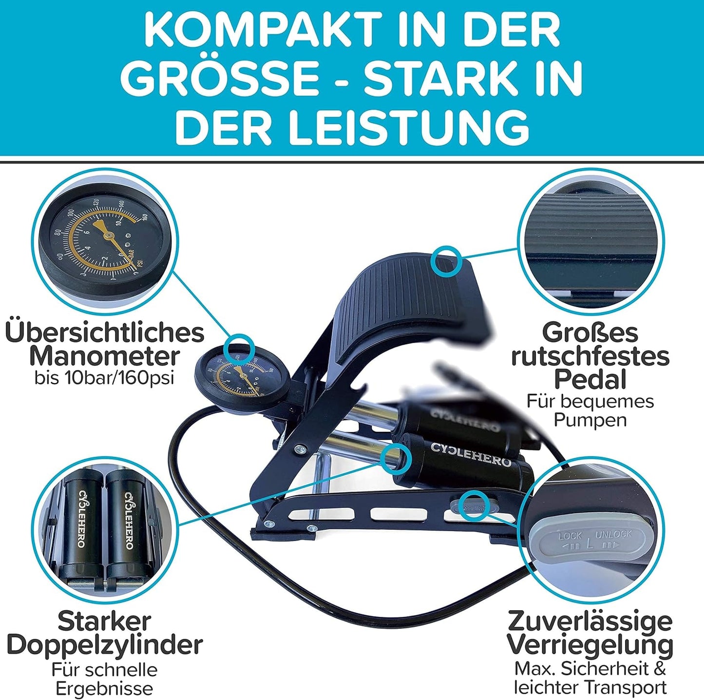 Fusspumpe mit Doppelzylinder und Manometer, Fusspumpe Schwarz