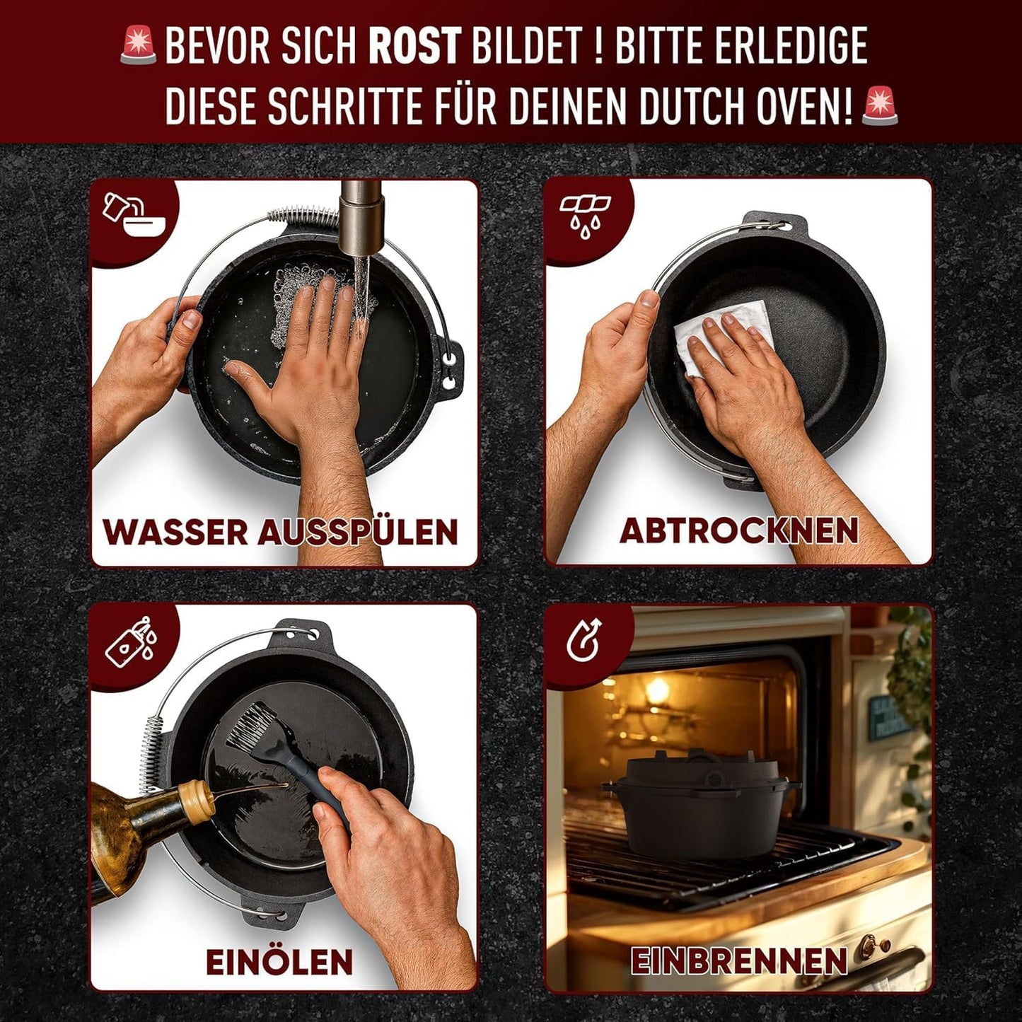 Dutch Oven Set, Topf mit Fuss+Bürste 7 Liter