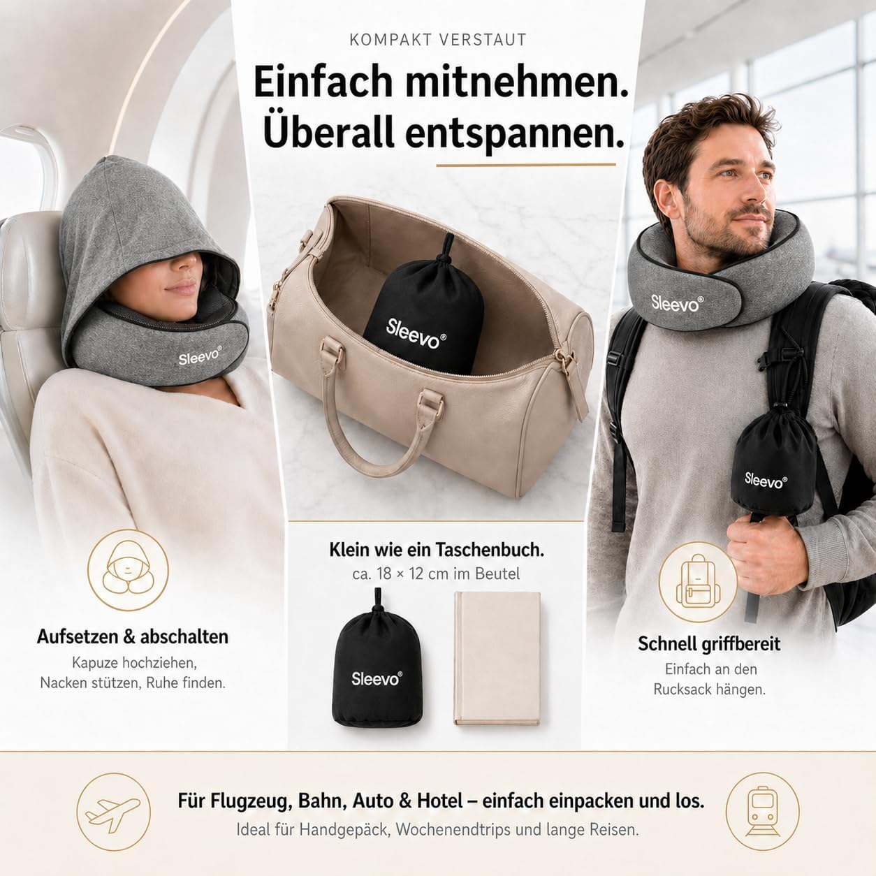 Nackenkissen mit Kapuze, Grau M