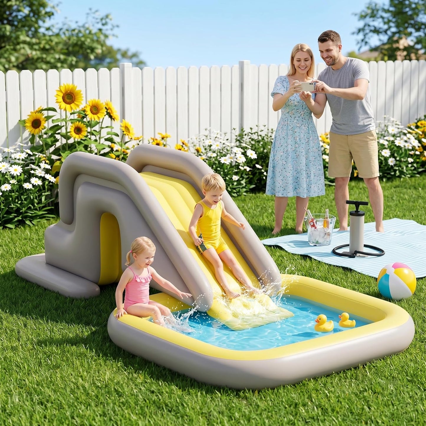 Aufblasbare Poolrutsche mit Fusspumpe, Khaki