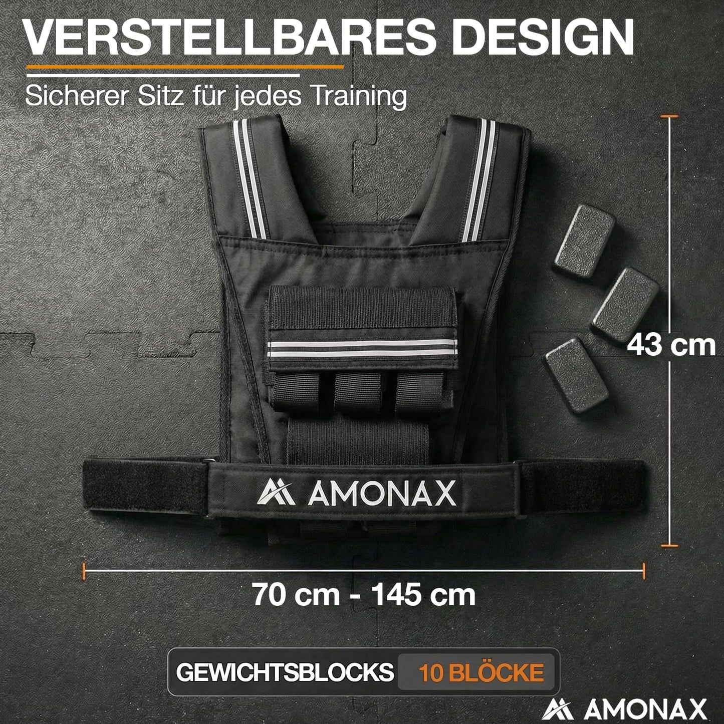 Verstellbare Gewichtsweste mit Reflektoren, Schwarz - 10kg