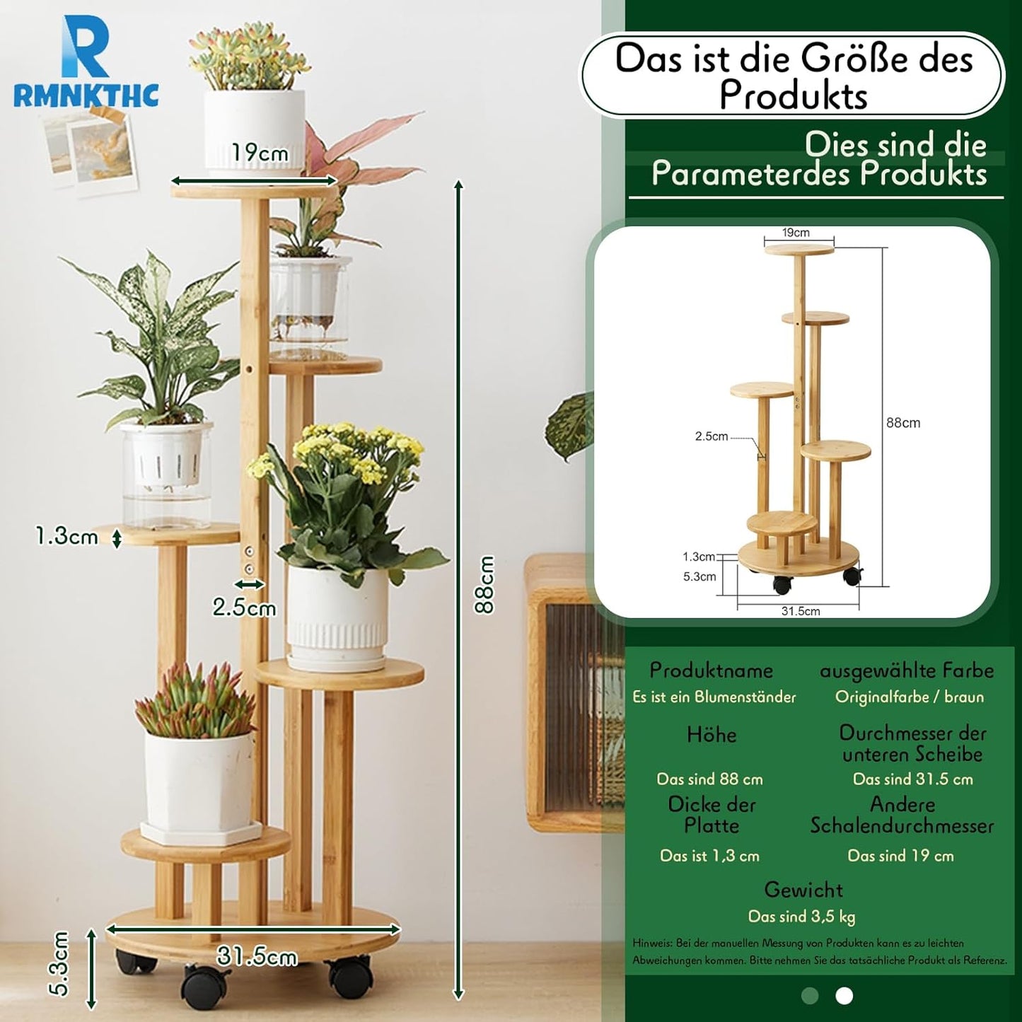 Bambus Blumenregal auf Rollen, 5-stufig, Holzfarbe 5-stufig
