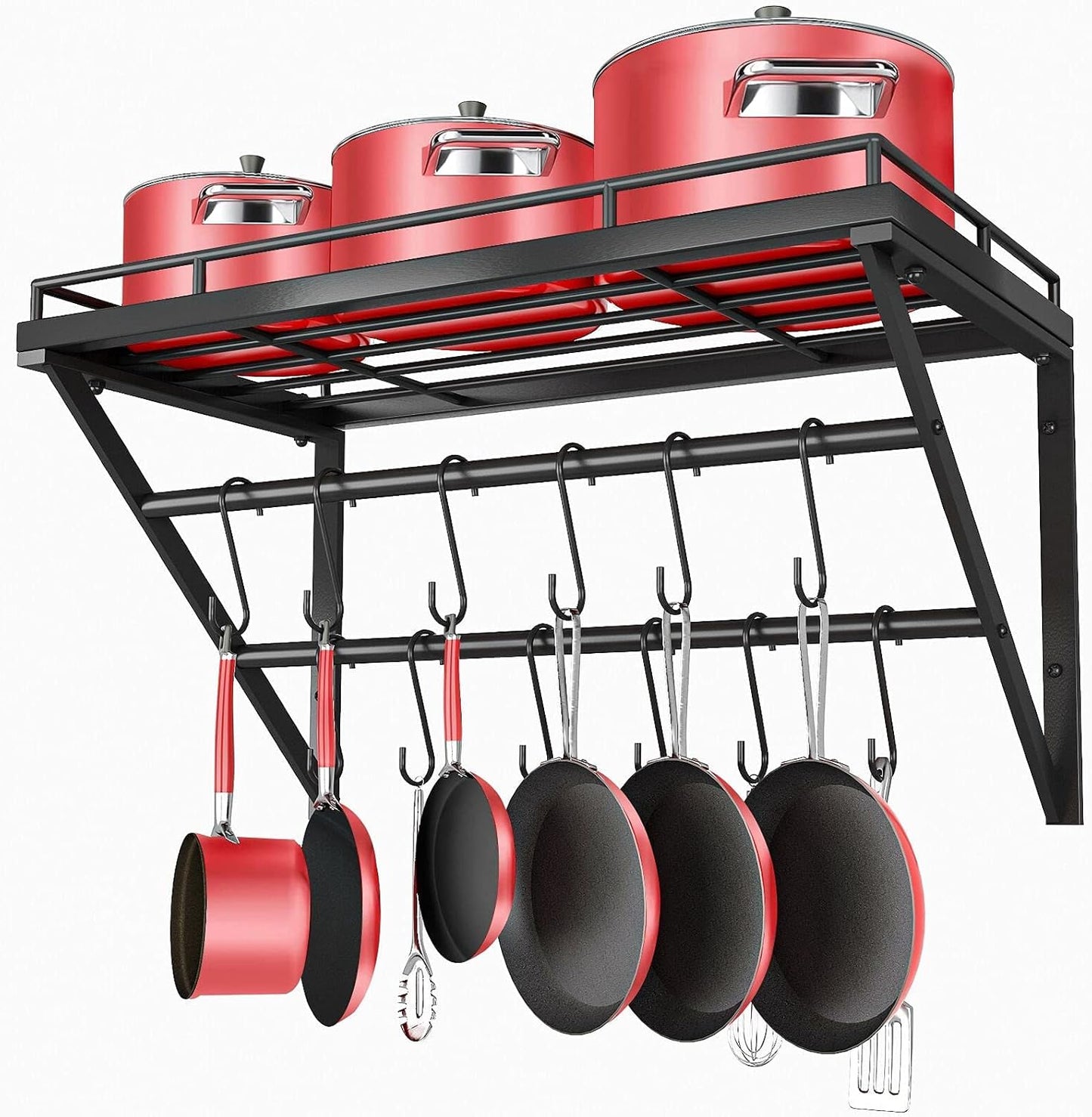 Topf-Rack Wandregal mit 12 Haken (3-Schicht), Schwarz-60cm
