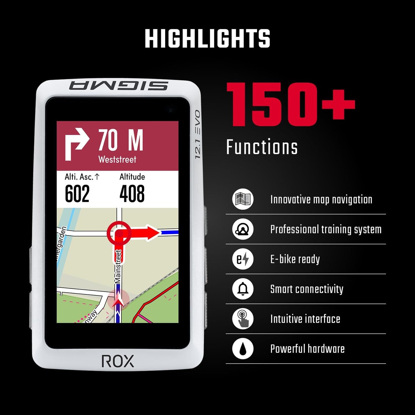 ROX 12.1 Evo Fahrradcomputer GPS mit 150 Funktionen & Navi, Weiss, Basic Set