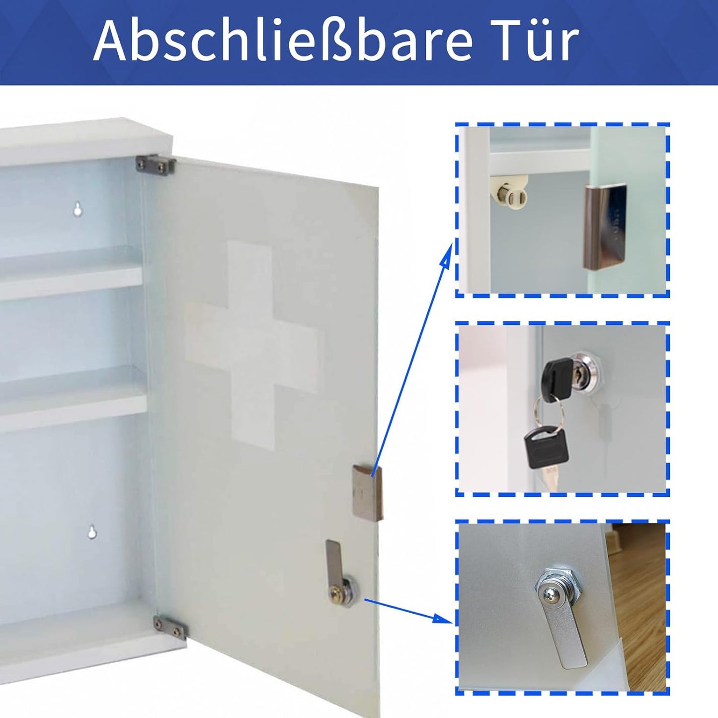 Abschliessbarer Medizin- und Arzneischrank, Weiss,3 Fächer
