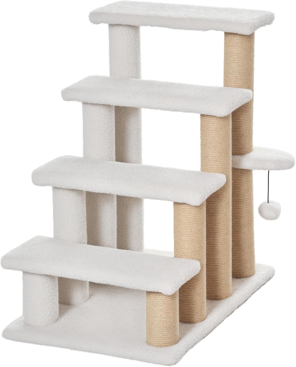 Katzentreppe mit Kratzsäulen und Spielball, 60L x 40B x 64H cm Weiß
