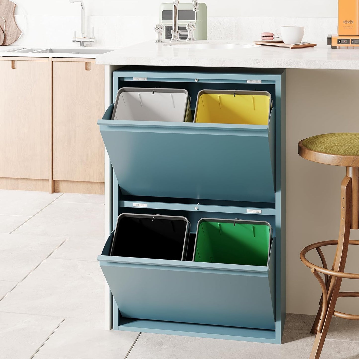 Mülleimer mit Klappdeckel, 60 L, 4 X 15 L Blau