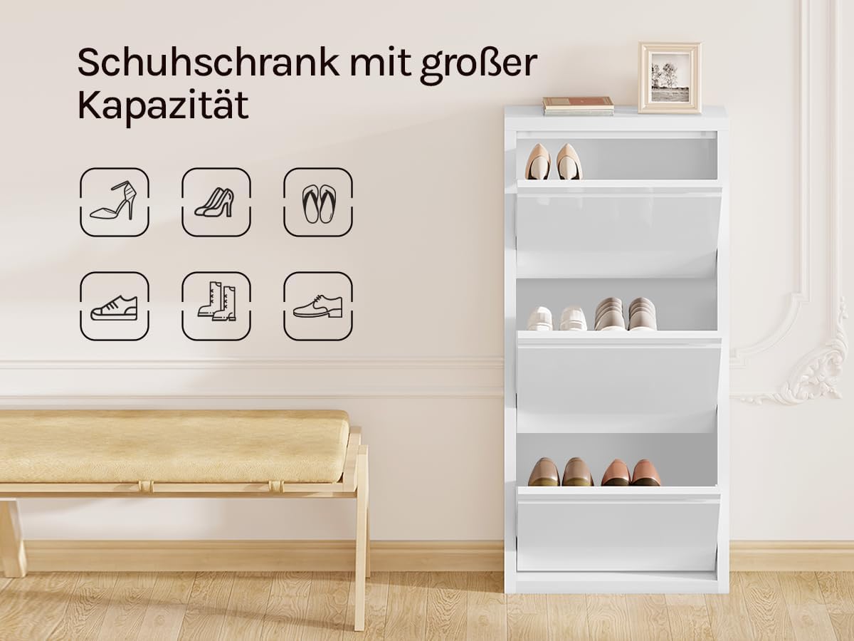 Schuhkommode mit 3 Klappen aus Metall 50x106x15 cm, Weiss
