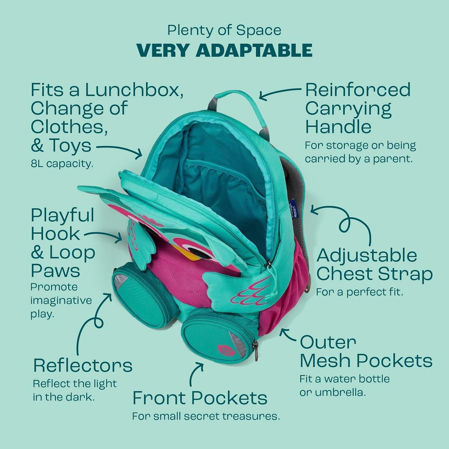 Kindergartenrucksack Grosser Freund, 8 L Eule - Türkis