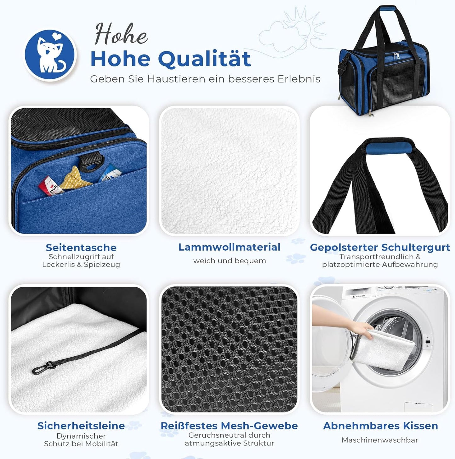 Faltbare Transporttasche für Katzen, L 43 x B 28 x H 28 cm|Dunkelblau