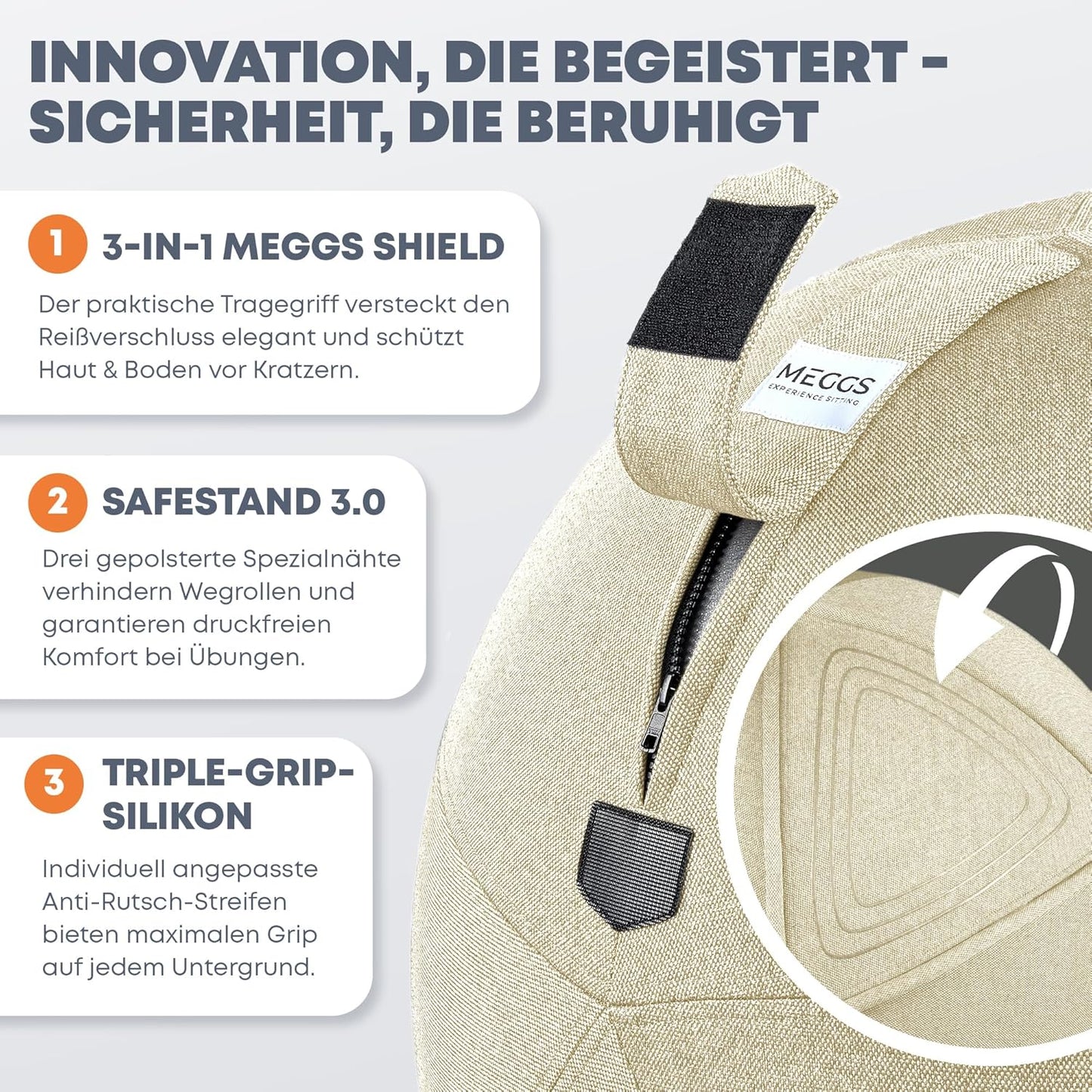 Ergonomischer Sitzball mit Stoffbezug, Perlmutt-beige 65 cm