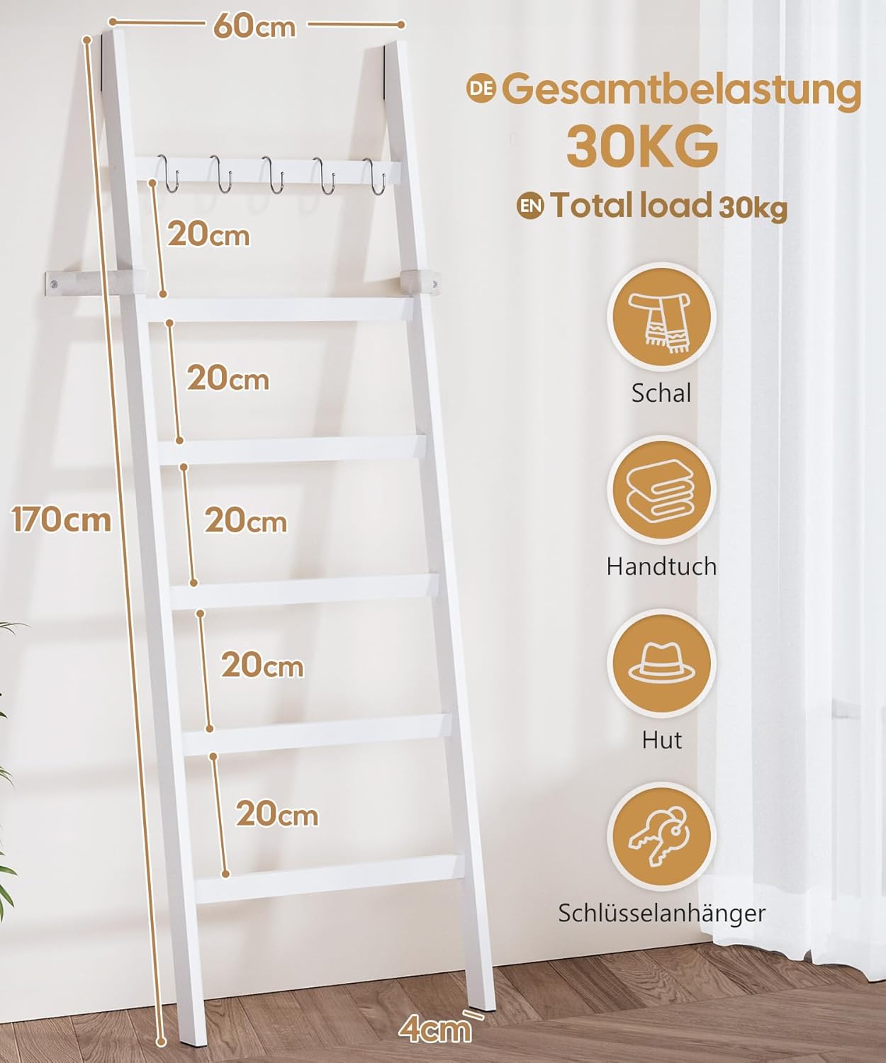 Handtuchleiter mit Sicherheitsriemen und Haken, Weiss