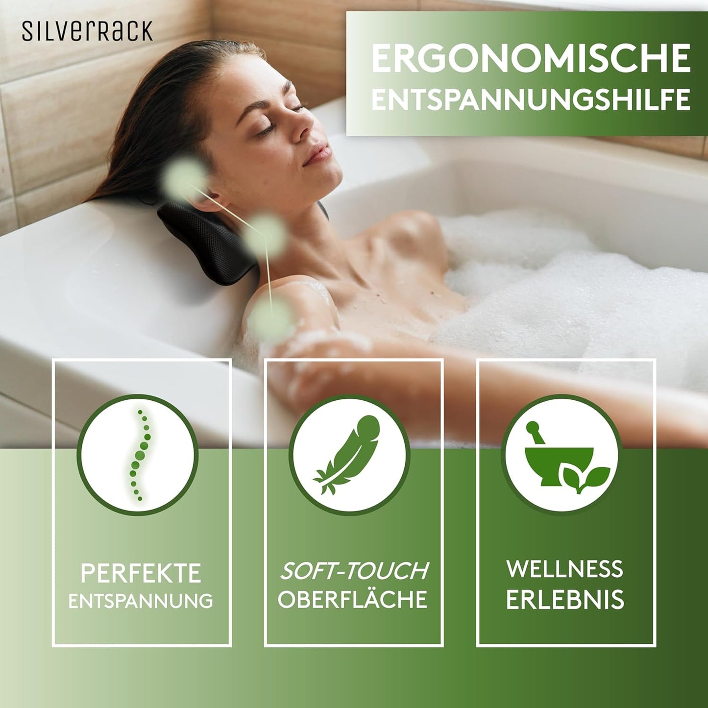 Badewannenkissen mit Saugnäpfen für Nackenstütze, 3D Schwarz Klein