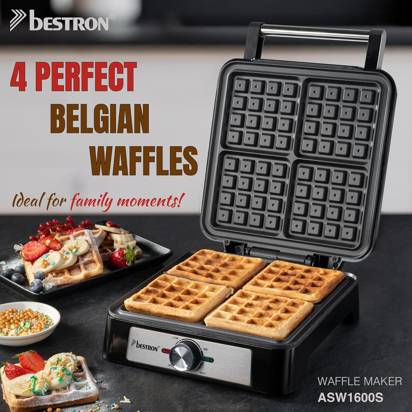 Belgisches Waffeleisen für 4 Waffeln, 4 Waffeln Silber