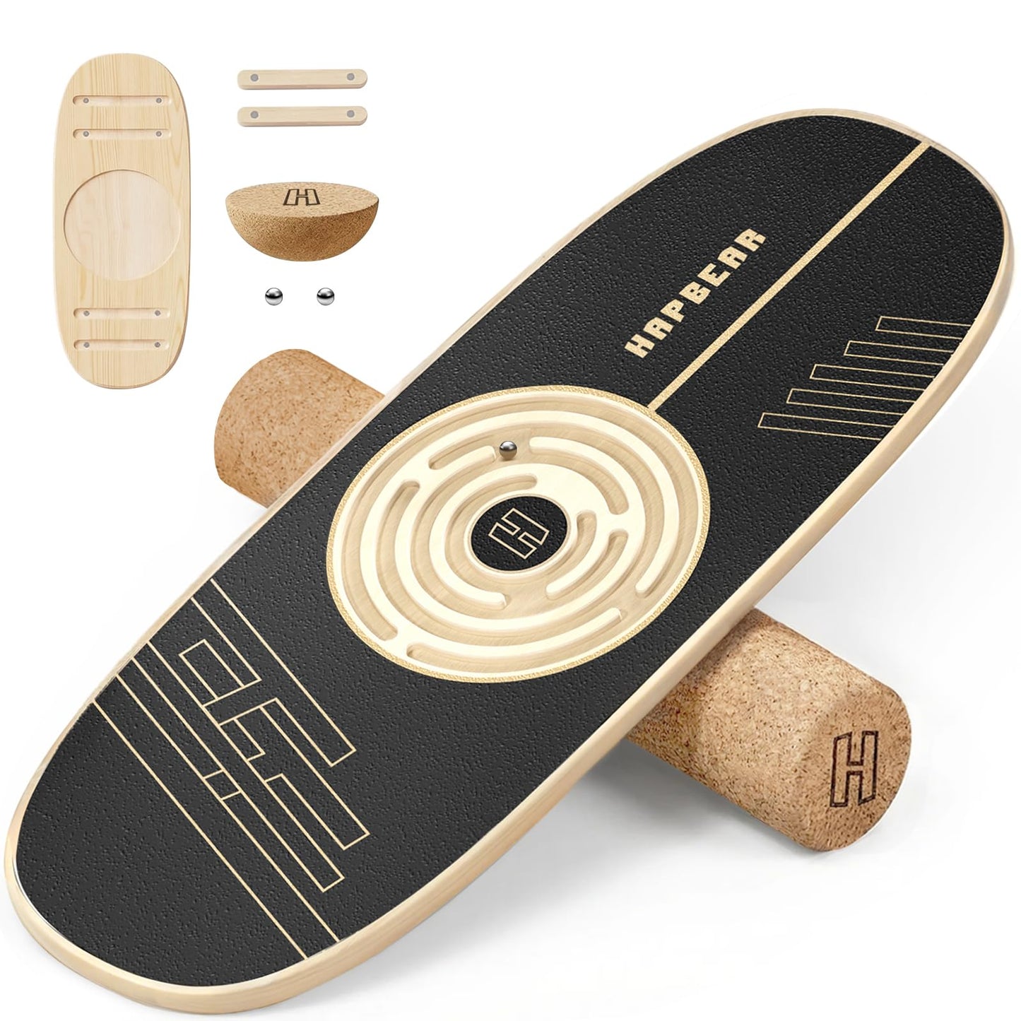 Labyrinth Balanceboard mit Korkrolle & Halbkugel, Schwarz / Holzfarben