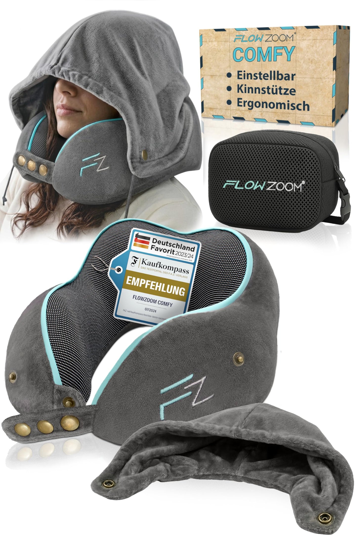 Einstellbares Memory Foam Reisekissen mit Kapuze, 2.1.1. Comfy With Hood - Grau