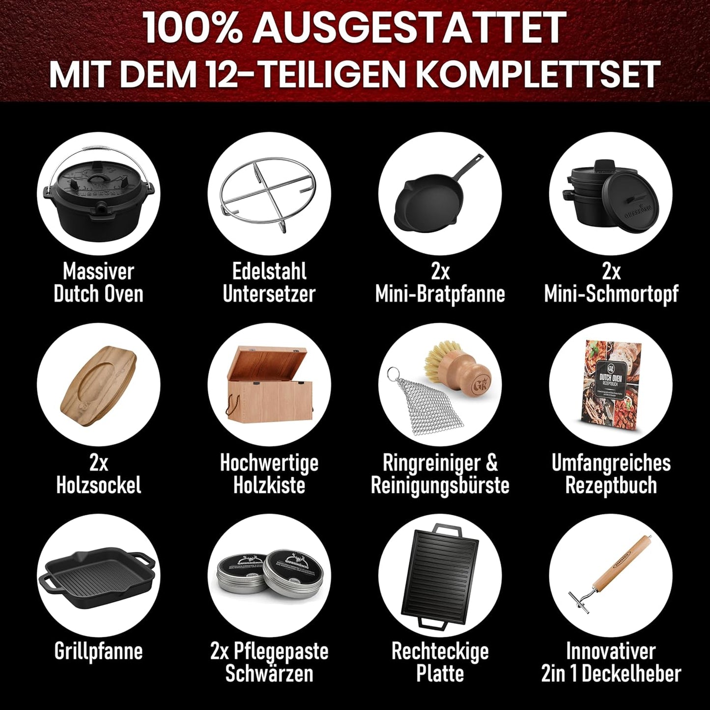 12-teiliges Dutch Oven Set mit Rezeptbuch & Pflegepaste, Schwarz Medium Set