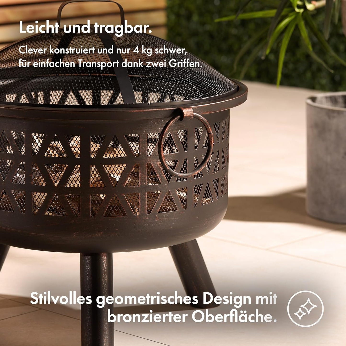 Feuerstelle tragbar für Garten & Terrasse, Braun mit Geometrischem Design