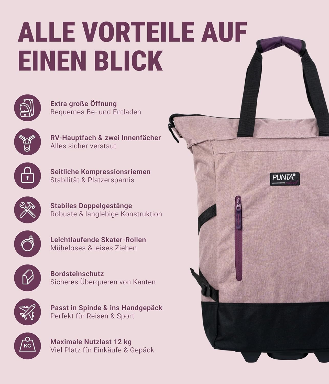 Einkaufstrolley mit Skater-Rollen, Altrosa/Azalee