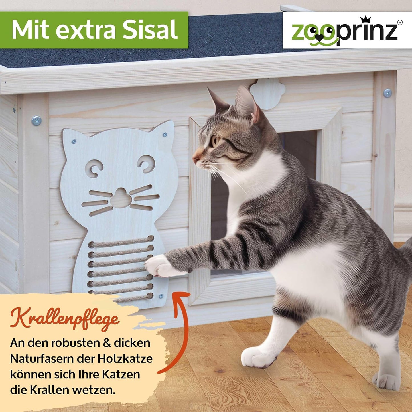 Premium Katzenhaus aus Holz mit Schwingtür, Natur Standard