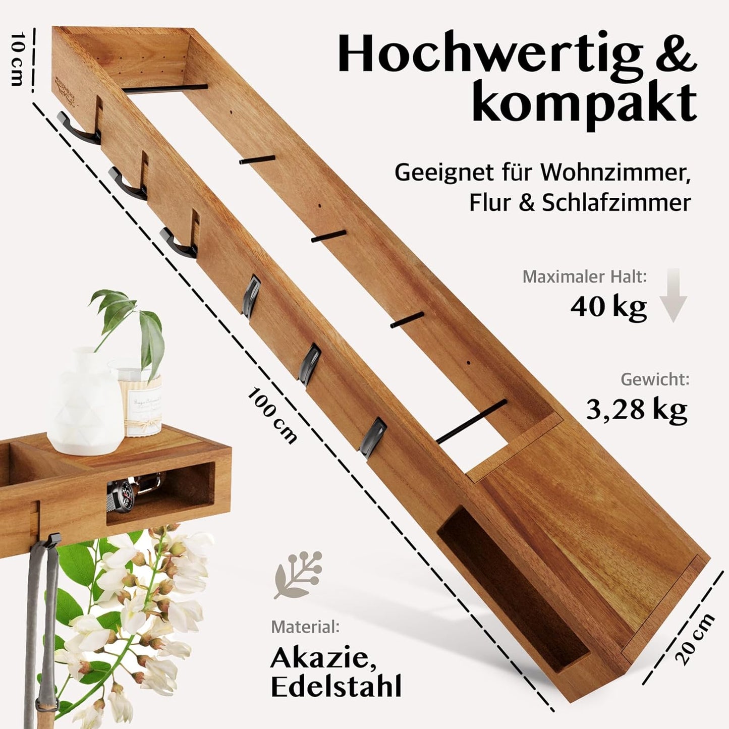 4in1 Wandgarderobe mit Ablage und Kleiderstangen, Dunkelbraun (Akazie)