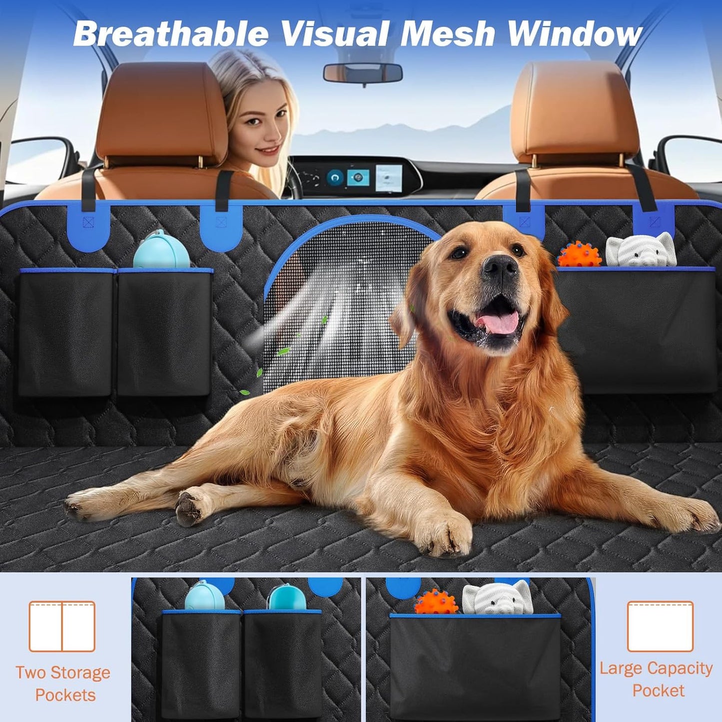 Autoschondecke mit Hundegurt, Schwarz + Blau