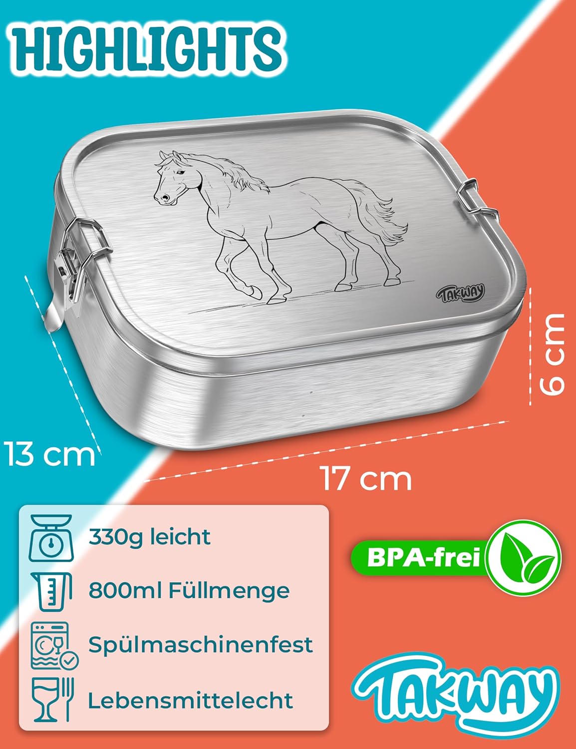 Edelstahl Brotdose mit Fächern, 3-Fächer Pferd