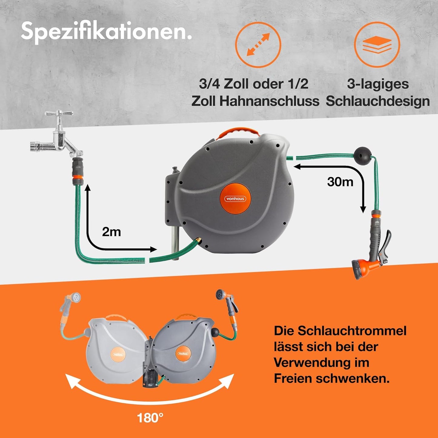 Schlauchtrommel mit Auto-Aufrollfunktion, 30 m