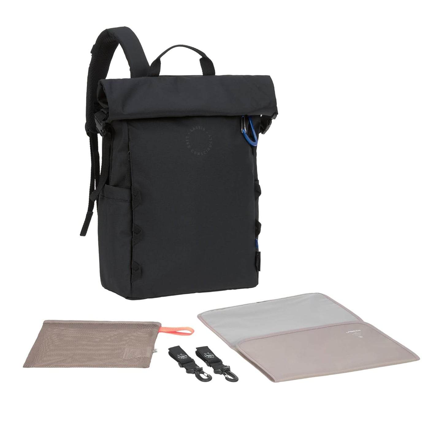 Wickelrucksack mit Wickelunterlage & Kinderwagenbefestigung, Schwarz