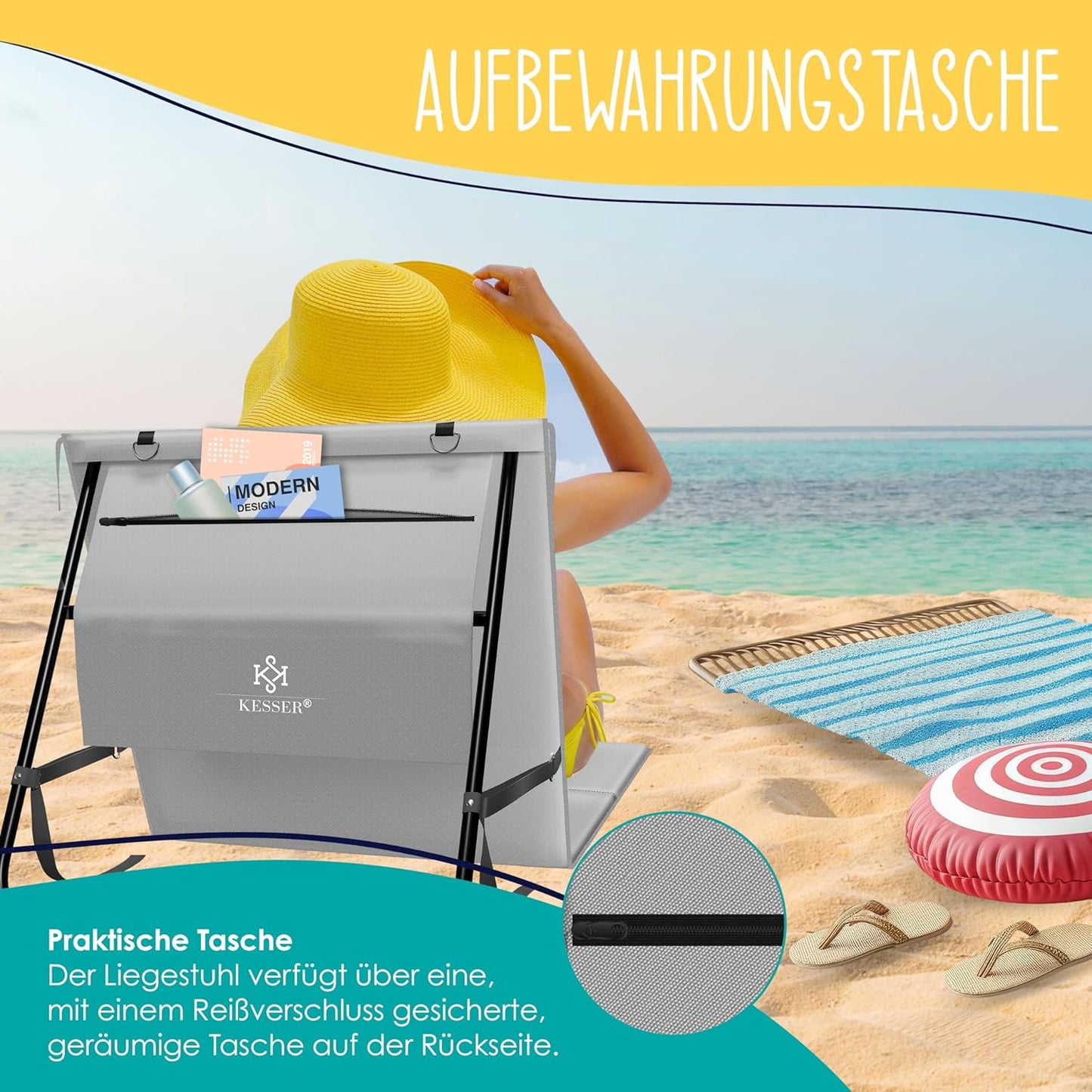 Klappbare Strandmatte mit verstellbarer Rückenlehne und Tragegurt, 1 Stück Grau