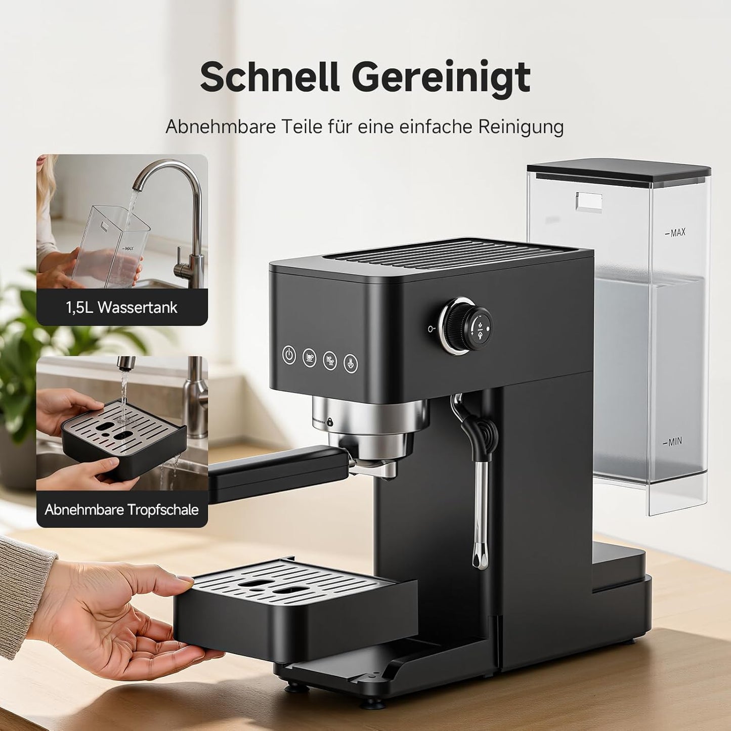 Siebträgermaschine mit Milchaufschäumer, All Black