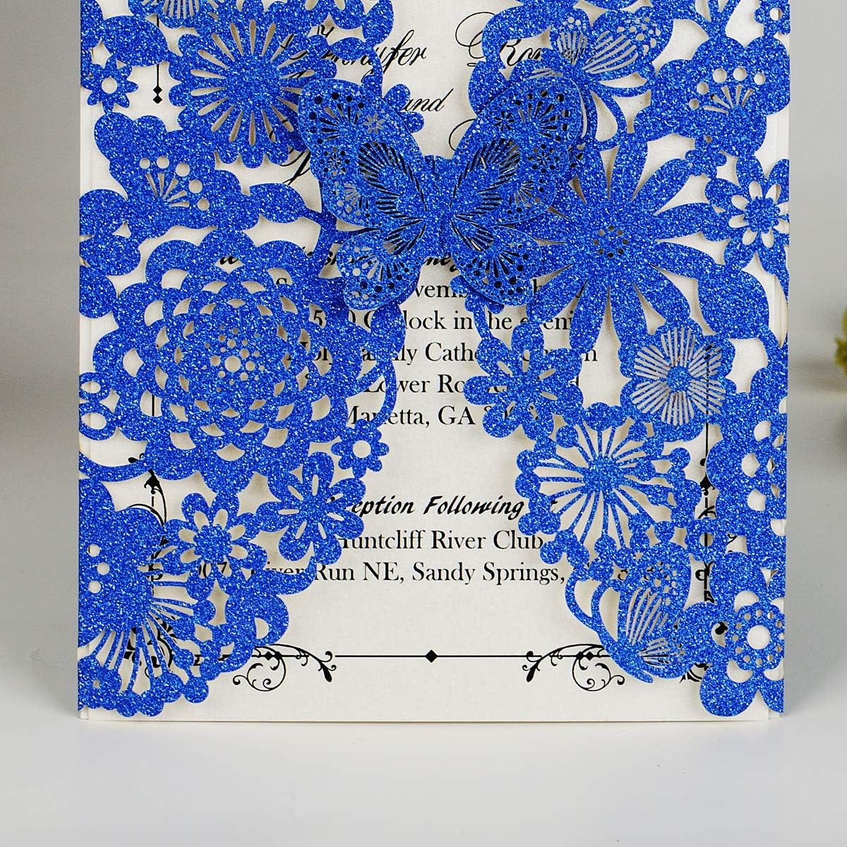 Laserschnitt Hochzeitseinladungen mit Schmetterling, 20 Stück Leeres Papier ;  Blau Glitzer
