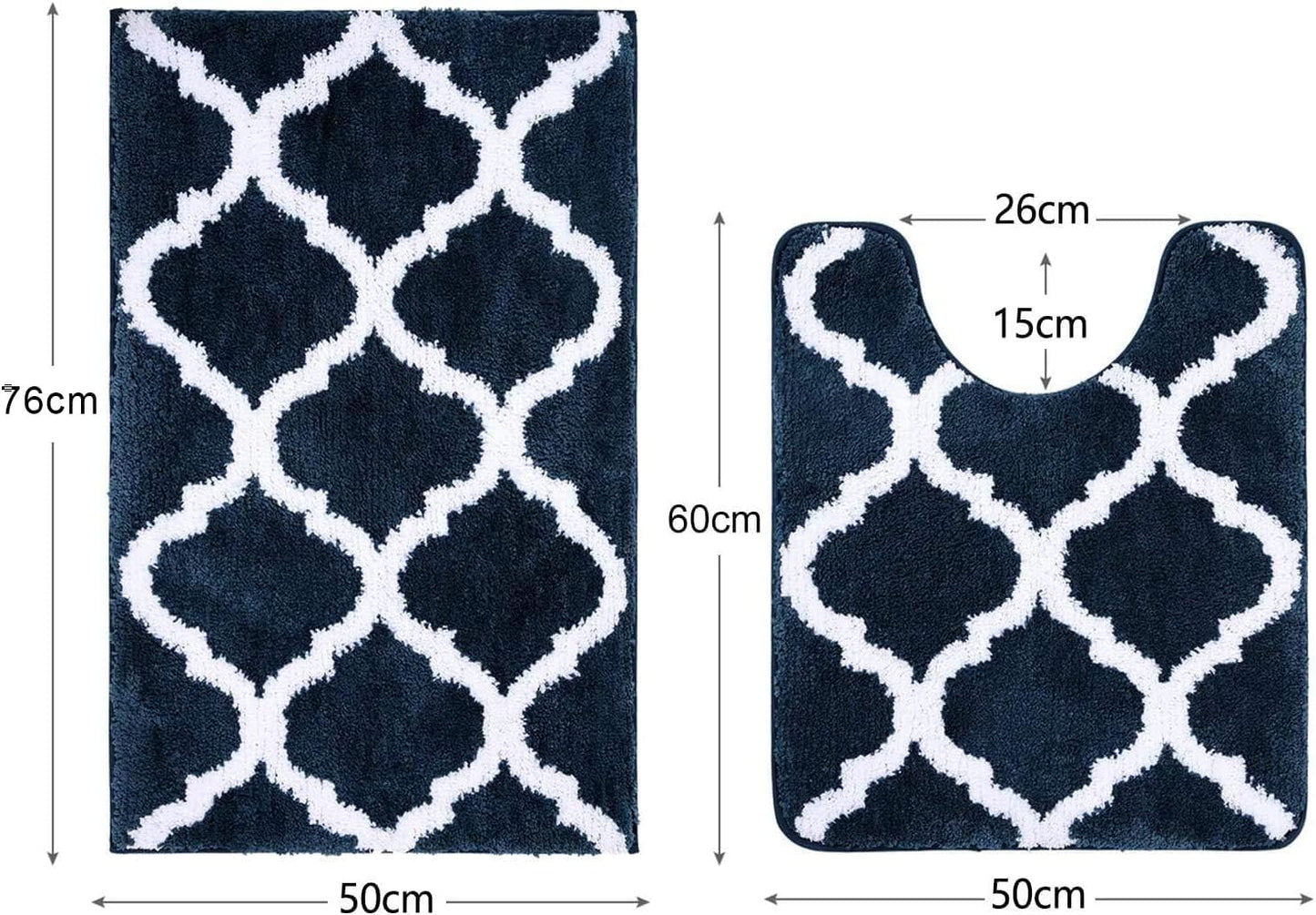 2-teiliges Badematten-Set, 50 x 60 cm (U-förmig) + 50 x 76 cm (Rechteckig) Marine Blau