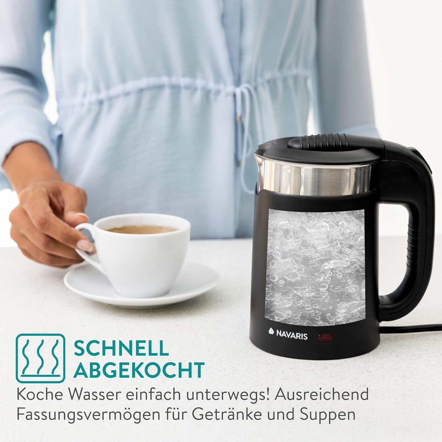 Reisewasserkocher mit Trinkbechern (0,5 Liter), Schwarz
