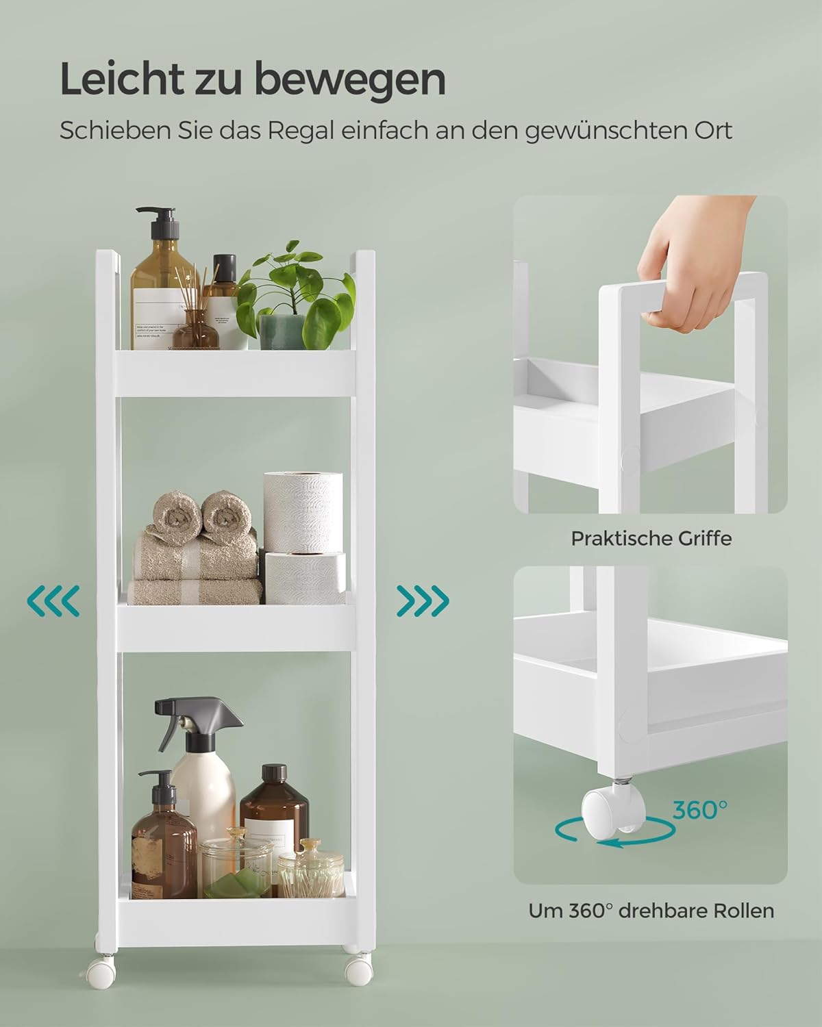 Rollwagen Badezimmerregal mit 3 Ebenen, Weiss