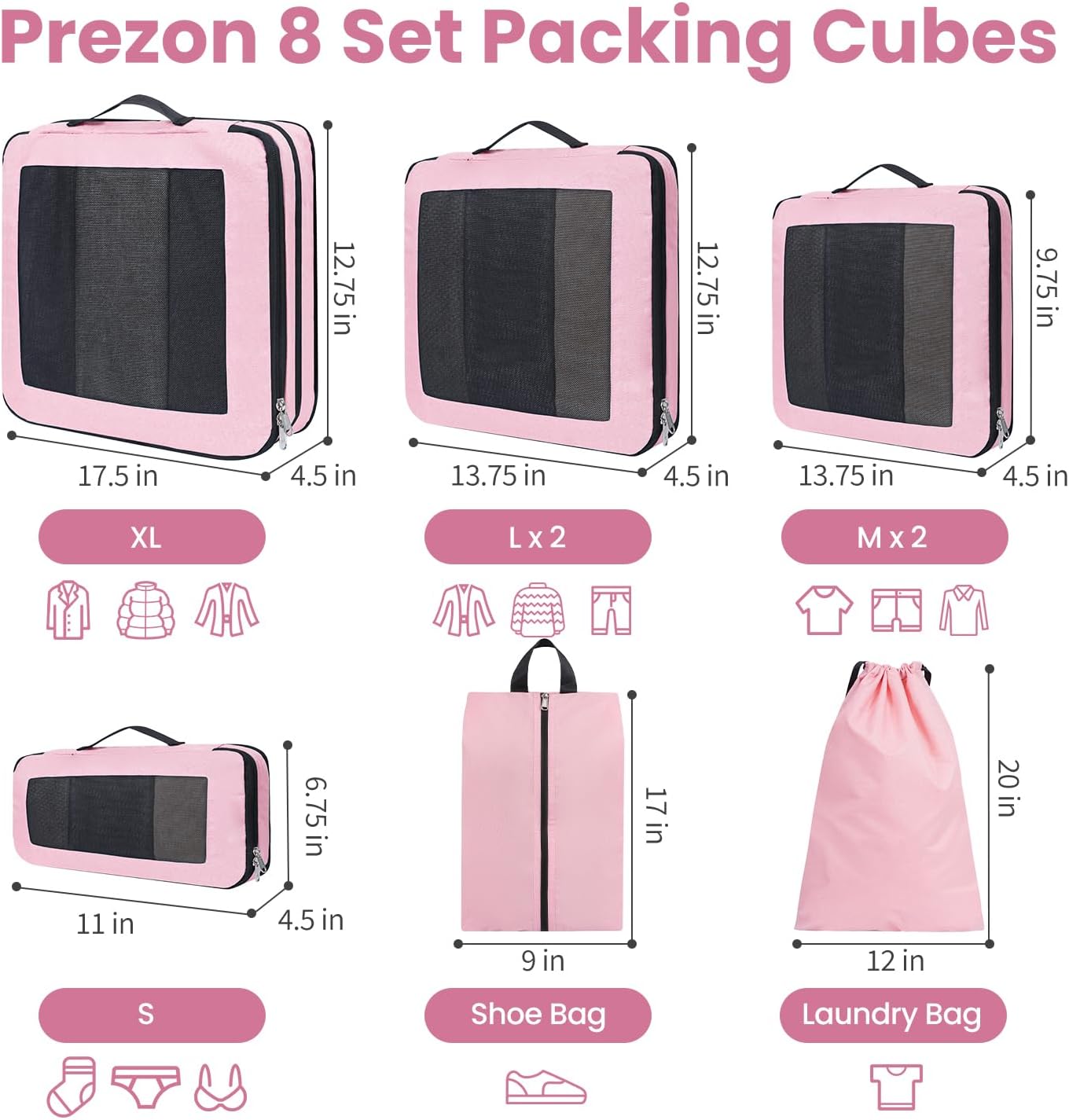 8er-Set Kompressions-Packwürfel, Pink 8 Set