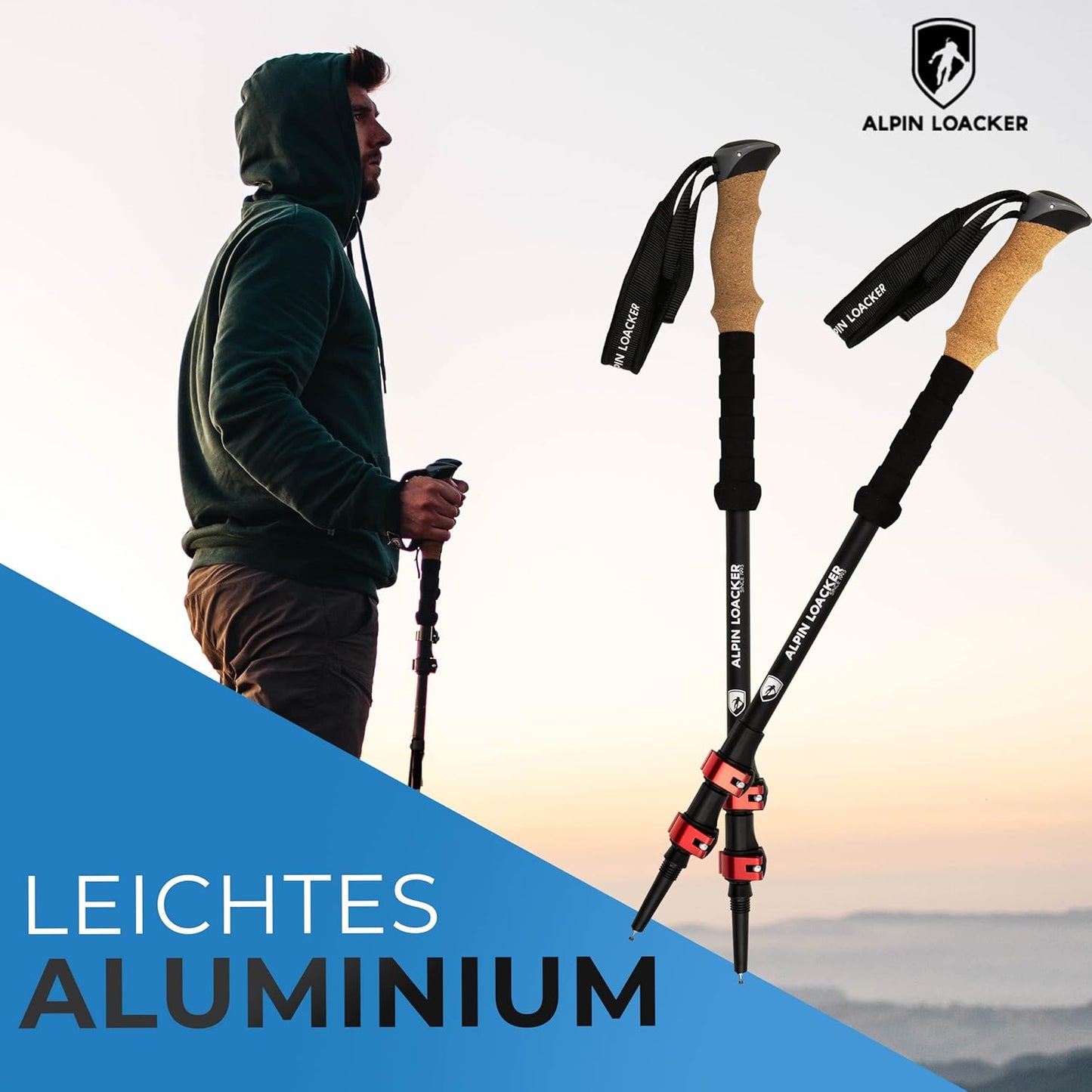 Teleskop Wanderstöcke, Aluminium - rote Klemmringe