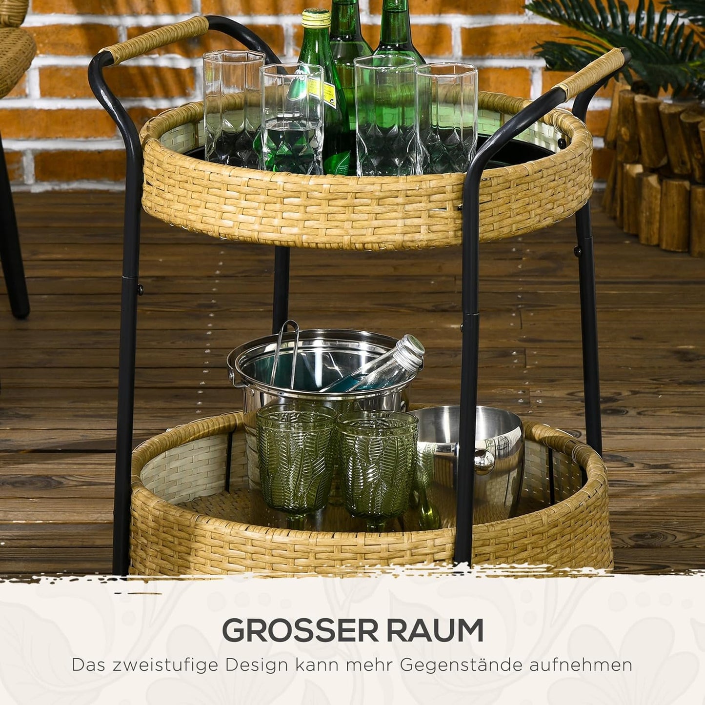 Rattan Servierwagen mit Regalen und Griffen