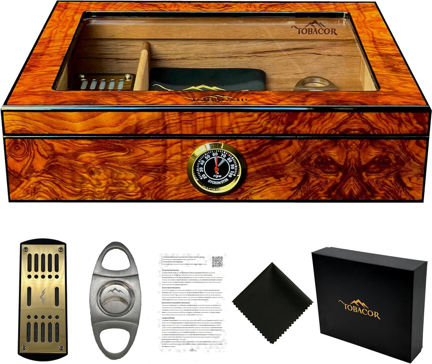 Zigarrenhumidor Set mit Zubehör & Geschenkbox, Modellnummer BD-TOB-HC01