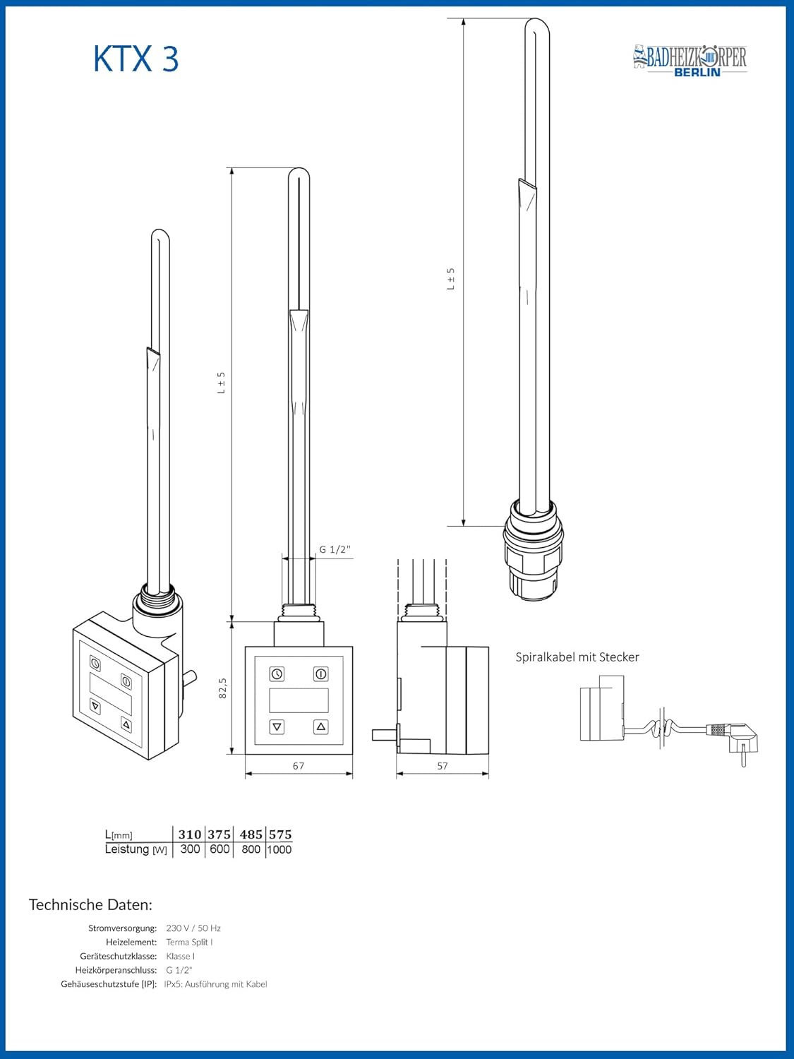 Heizpatrone KTX 3 für Badheizkörper, 600 Watt