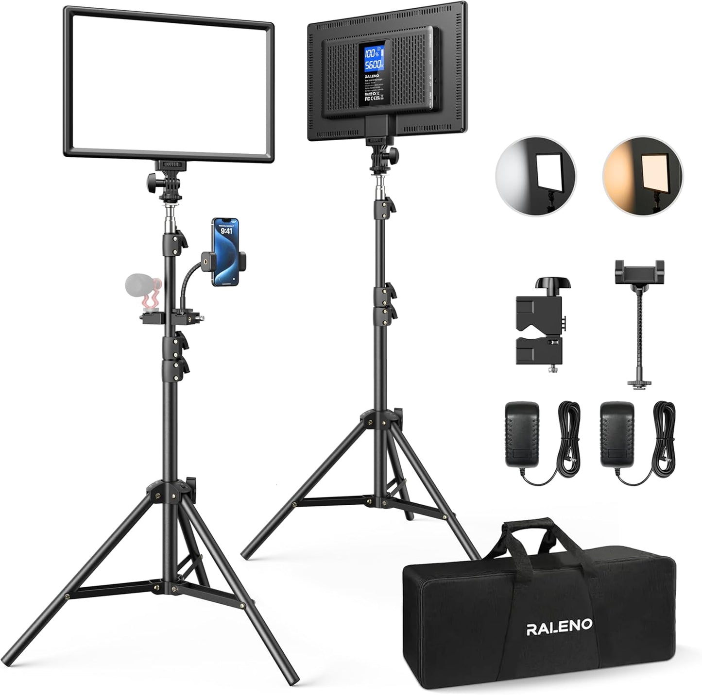 2er LED Videoleuchte-Set mit Stativ und Handyhalterung