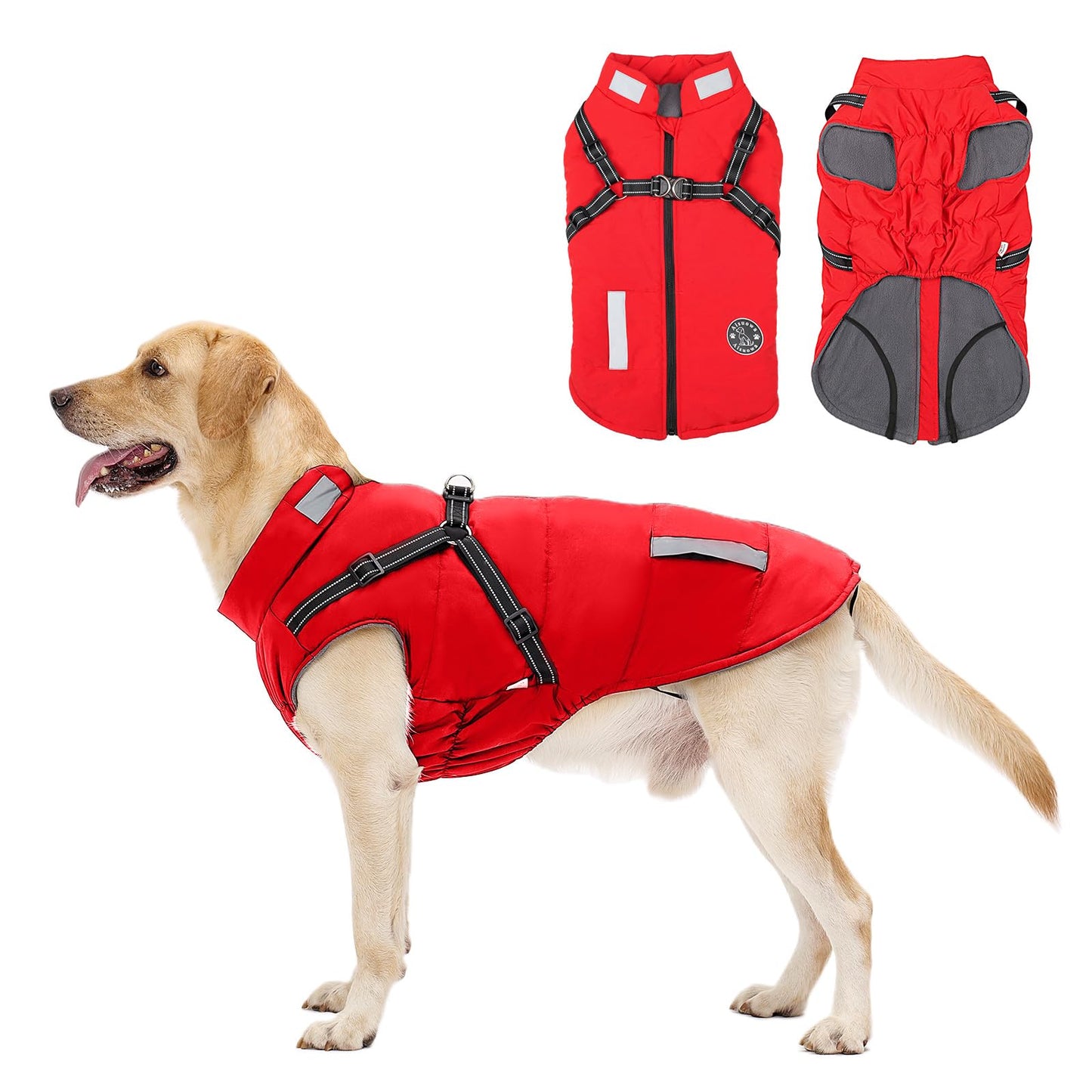 Winterhundemantel Wasserdicht mit Bauchschutz und Geschirr, S Rot