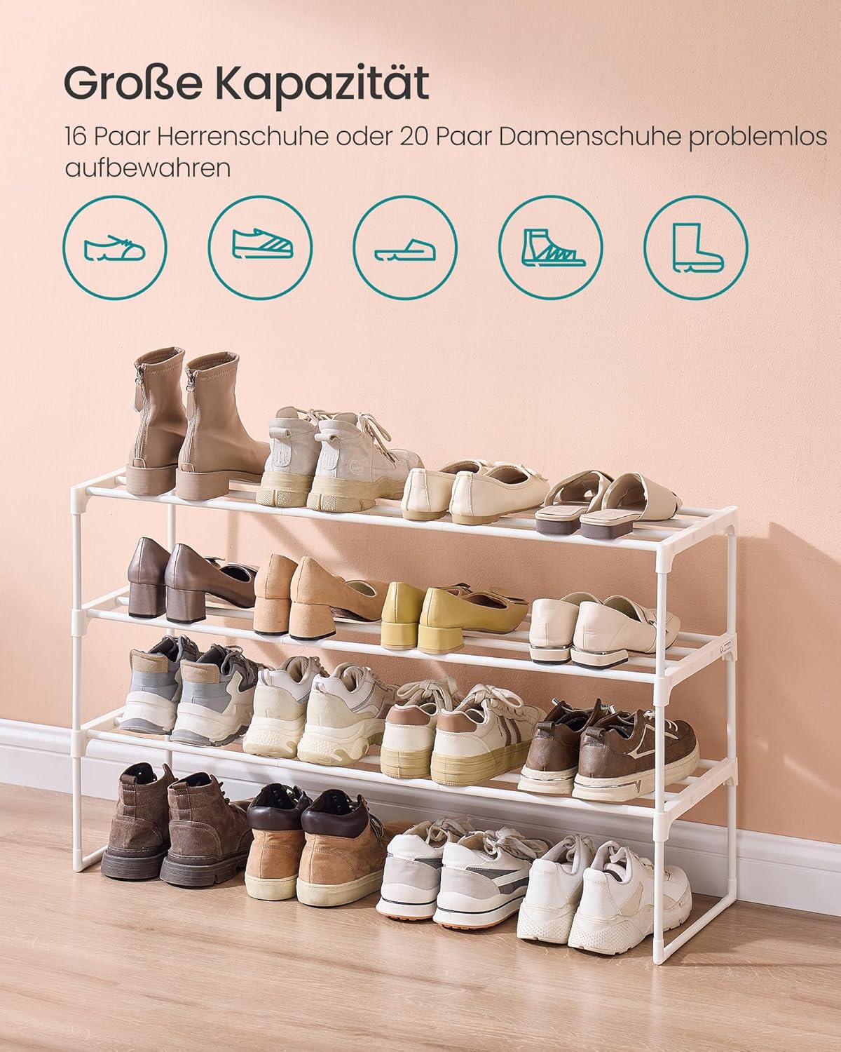 Schuhregal mit 3 Ebenen, Perlweiß 3 Ebenen (92B cm)