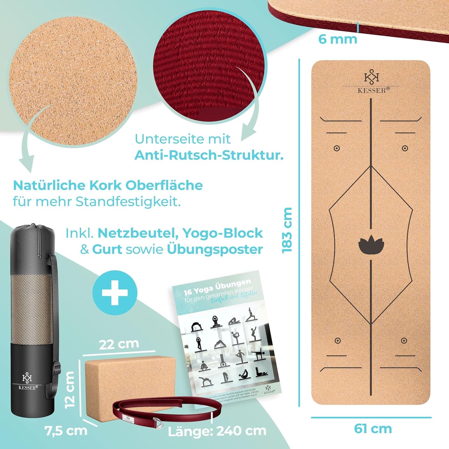 Yogamatte mit Tragegurt & Block, Bordeaux