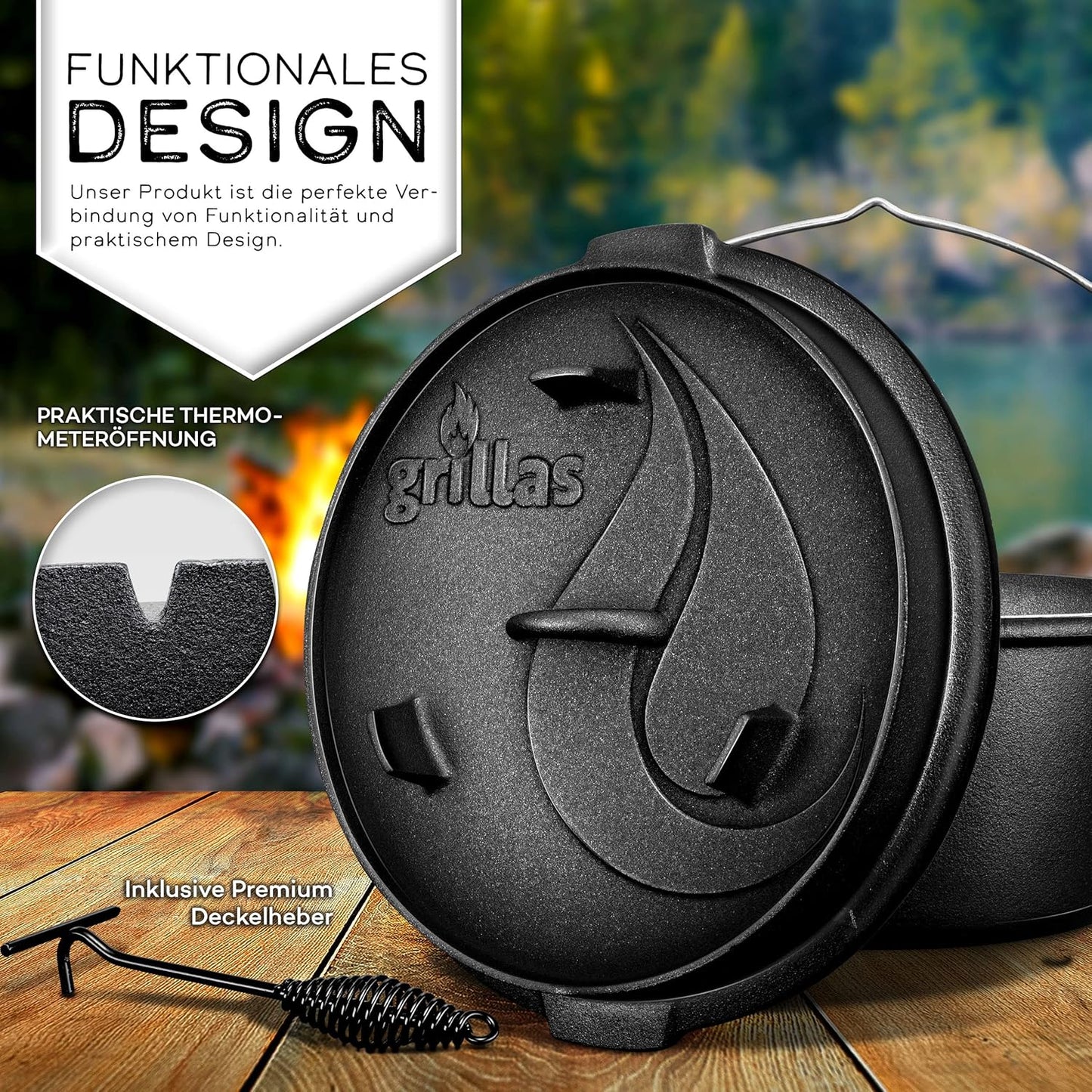 Dutch Oven Set, Topf ohne Füsse 7,3 Liter / 6 QT