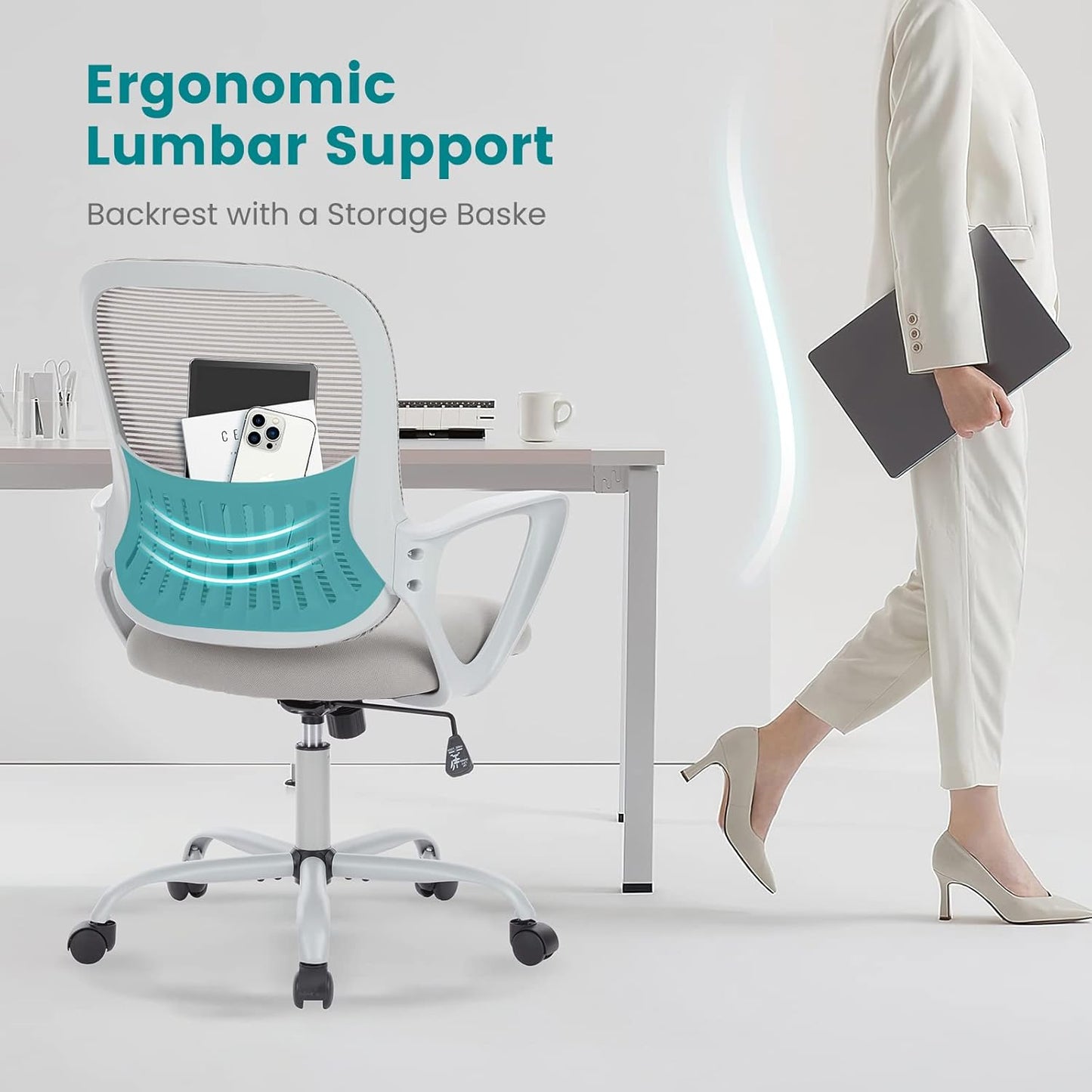 Ergonomischer Bürostuhl mit Lendenwirbelstütze, Grau