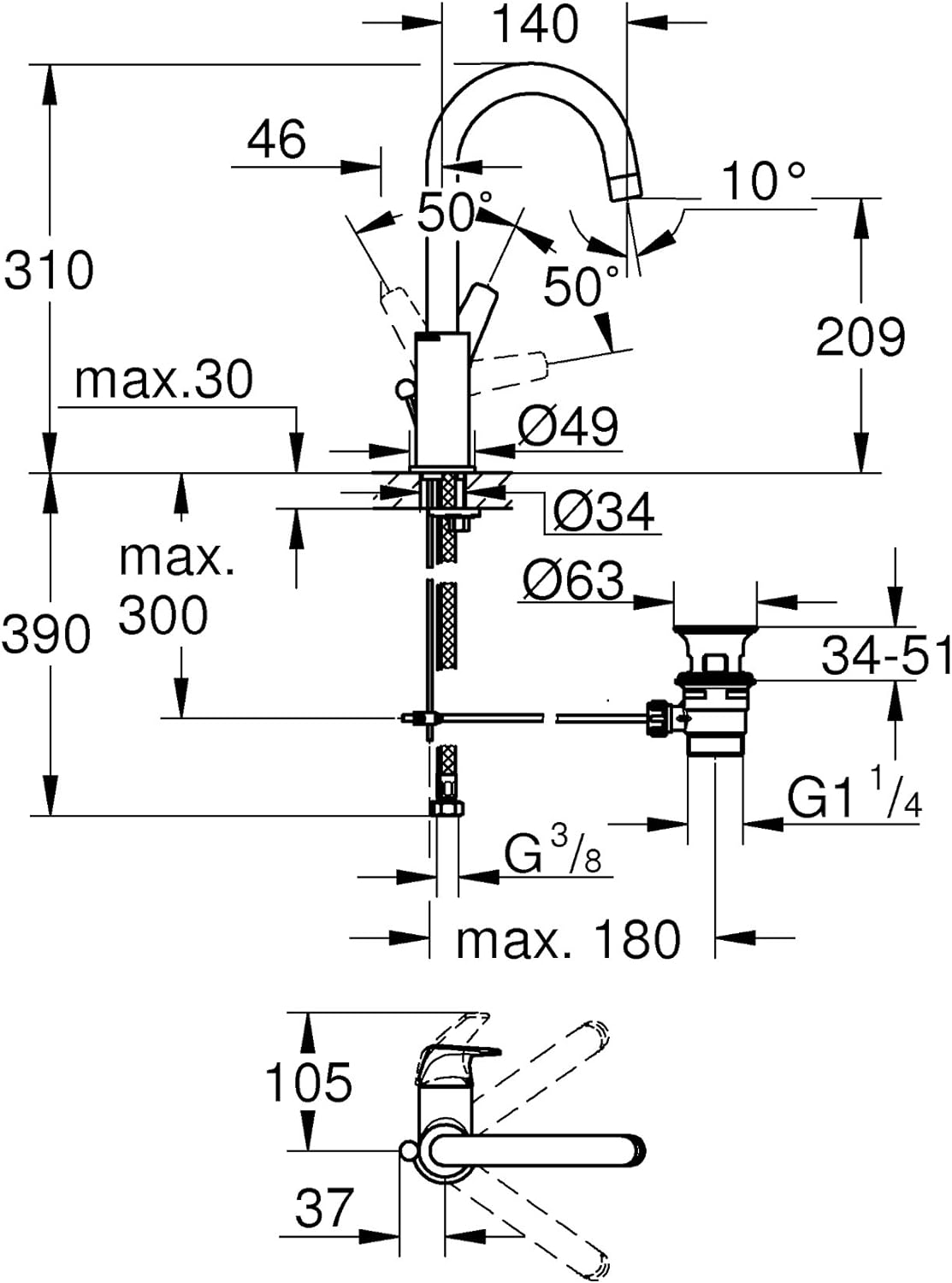 Einhand-Waschtischbatterie BAUFLOW 1/2" L-Size chr, L-Size Mit Zugstange Single