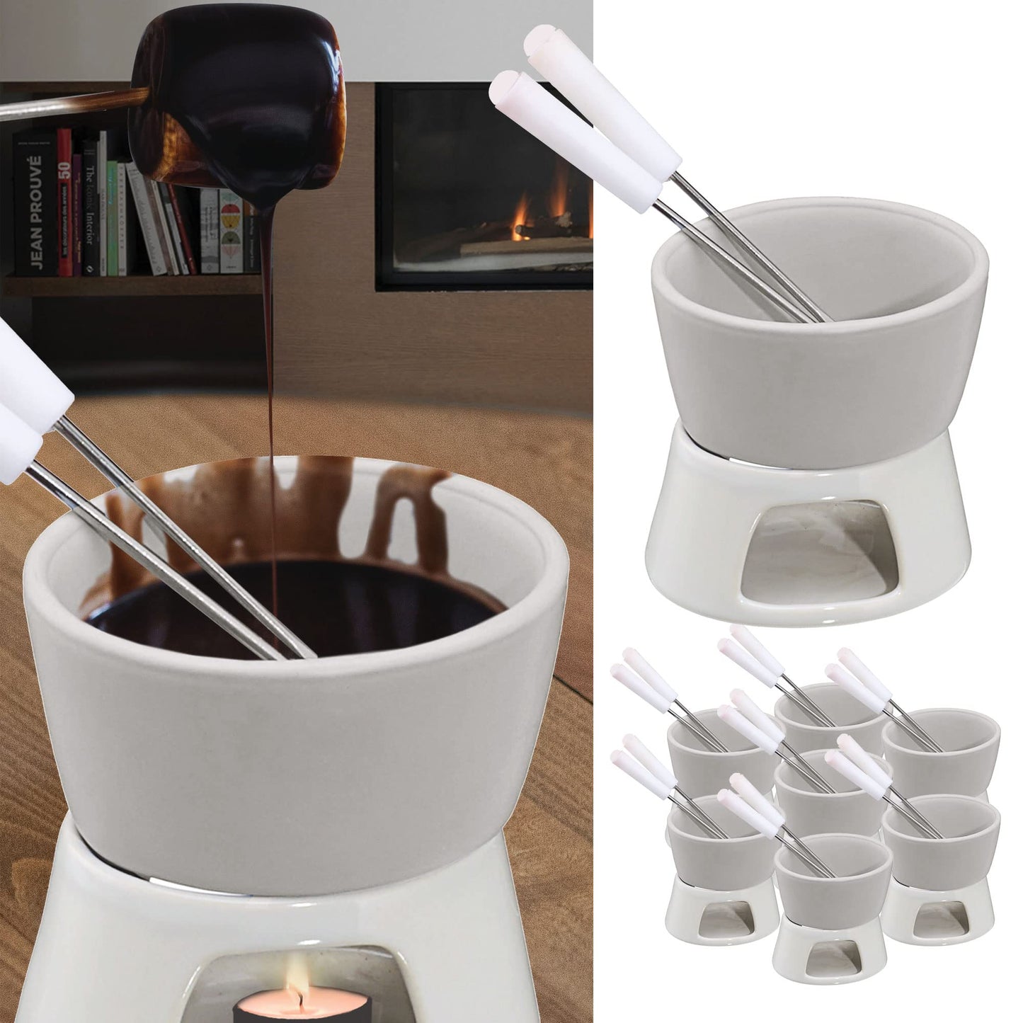 Keramik Schokofondue-Set mit Edelstahlgabeln (8 Sets), 8 X Schokofondue-set