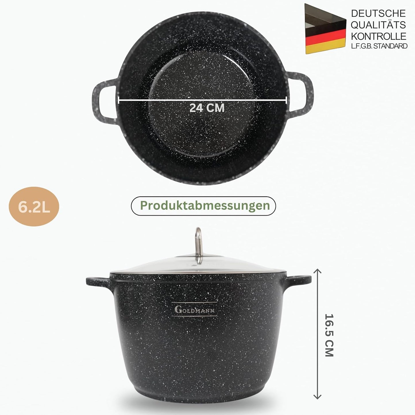 Aluguss-Kochtopf mit Glasdeckel, Schwarz 6.2L - Ø 24 CM