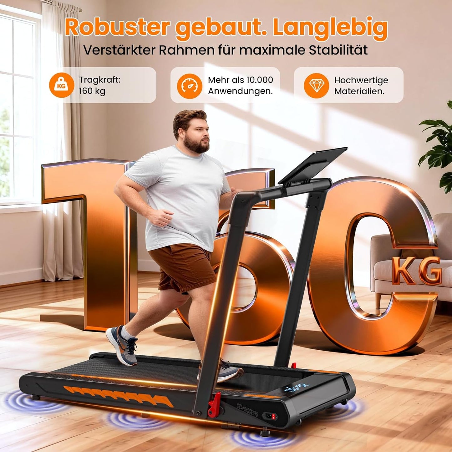 Bluetooth-Laufband mit Steigung & HIIT, Schwarz-orange